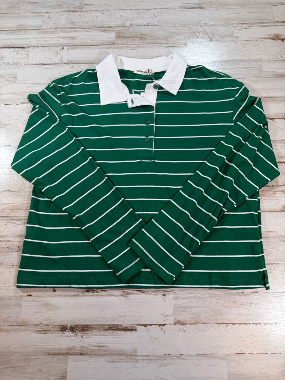 Active USA 100% Cotton Green and White Striped Rugby Polo
